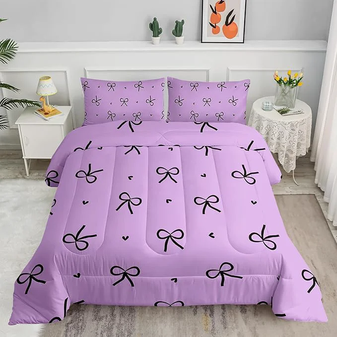 Proven 3 Pieces Purple Kawaii Bedding Set for Girls Black Bowknot Comforter Full Size Cute Bow Tie Knot and Love Bedding for Women Girls Kids Romantic Princess Quilt Set 1 Comforter 2 Pillowcases Fast