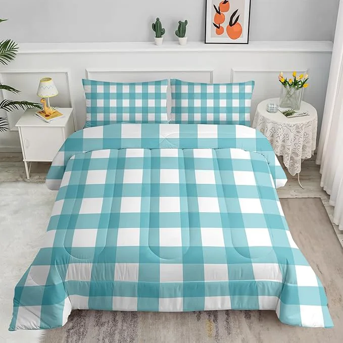 High-Quality 3Pcs Gingham Bedding for Girls Geometric Patchwork Comforter Set for Boys Girls Kids Teal Plaid Checkered Comforter for Kids King Size Vintage Farmhouse Bedding Set 1 Quilt 2 Pillowshams Organic