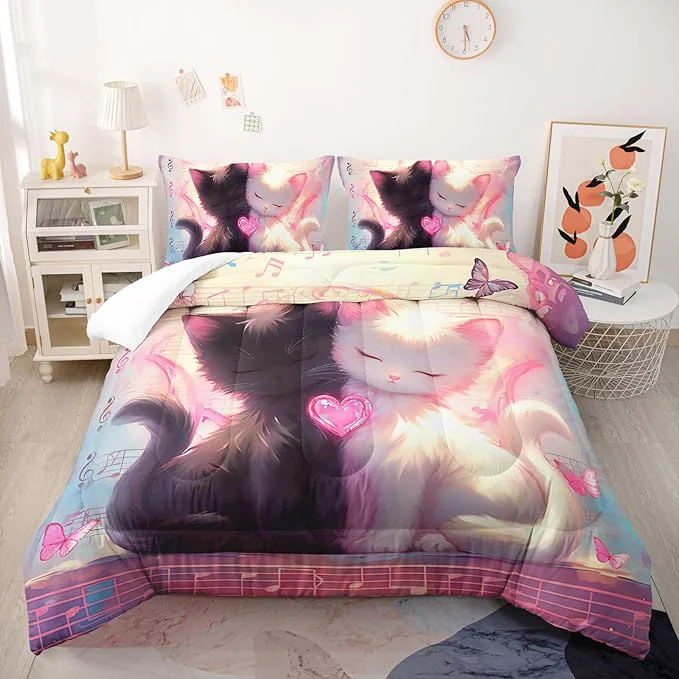 Fine Crafted Cute Cat Comforter Set Twin Pink Black Cat Bedding Sets 3PCS for Kids Teen Adult Kawaii Room Decor Ultra-Soft Lightweight Microfiber 1 Comforter with 2 Pillowcases Trusted