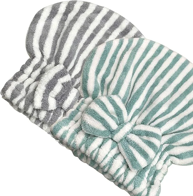 Healthy Jseng 2PC Microfiber Hair Drying Caps Stripe Extreme Soft Ultra Absorbent Expertly Made