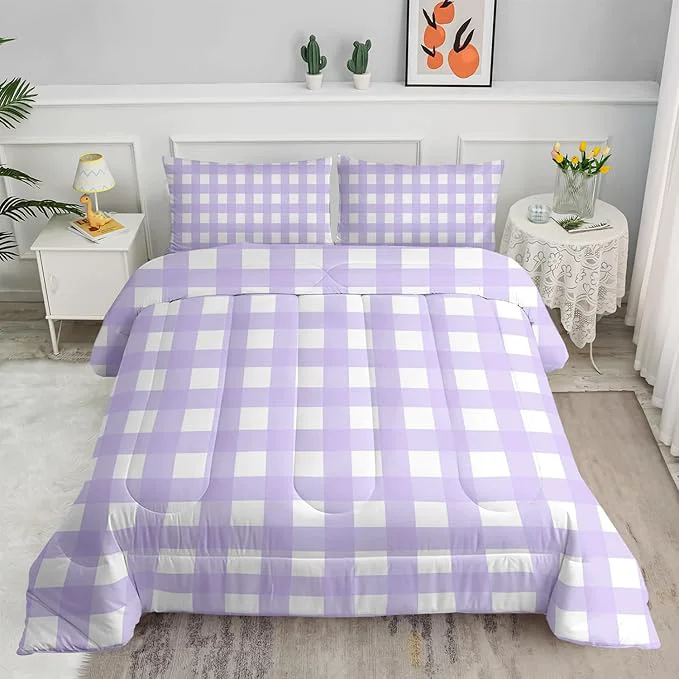 Elegant Gingham Comforter Set for Girls Light Purple Kawaii Plaid Checkered Bedding Queen Size Modern Geometric Bedding for Women Girls Kids Farmhouse Grid Bed Comforter Set 1 Quilt 2 Pillowcases Carefully Designed