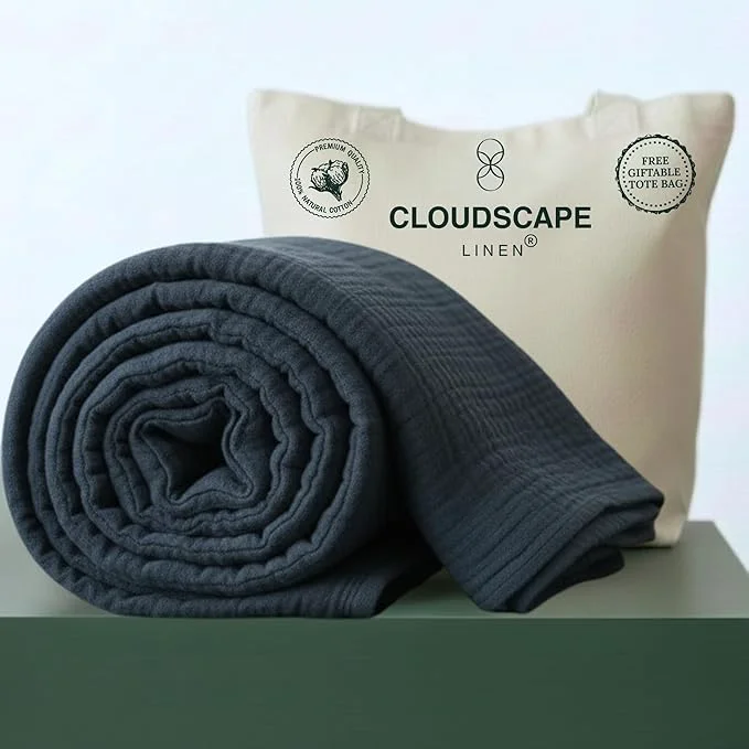 Eco-Friendly CLOUDSCAPE Cotton Muslin Blanket King Size for Bed - Oversized 4 Layer 108x92 Fits Cal King Bed - Soft Breathable Gauze Lightweight All Season Summer Layering Blankets for Adults-Ensign Blue Detailed