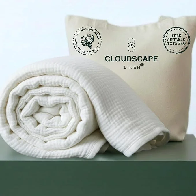Traditional CLOUDSCAPE Cotton 4 Layer Muslin Blanket Queen Size Oversized 92x92 Fits Upto Full Size Bed Soft Breathable Gauze Lightweight Layering Summer Blanket for Adults Spring Gift Idea- White Convenient