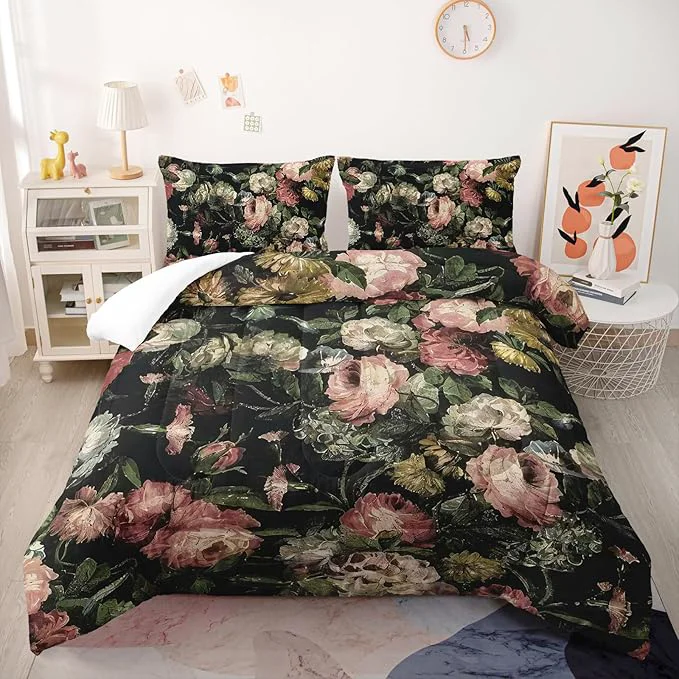 Refined Boho Floral Comforter Set Full Black Floral Bedding Sets 3PCS for Kids Teen Adult Flowers Leaves Room Decor Ultra-Soft Lightweight Microfiber 1 Comforter with 2 Pillowcases High-End