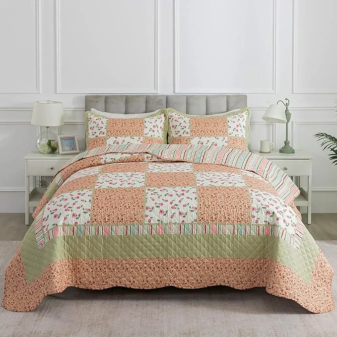 Refined HoneiLife Queen Size Quilt Sets - Microfiber Quilt Set 3-Piece Lightweight Bedspreads Reversible Coverlets Retro Bed Cover Floral Bedding Set Queen Quilt Bedding Sets for All Season Use Practical