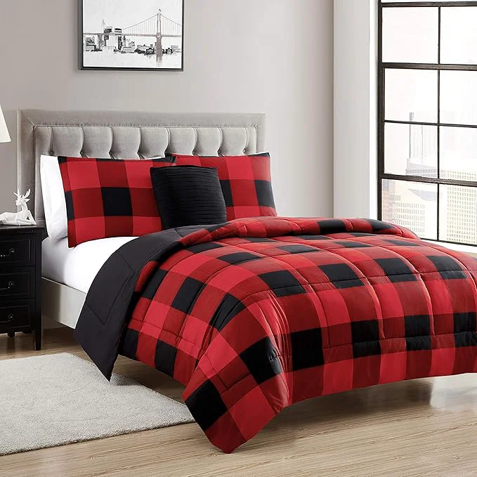 Carefully Designed Sweet Home Collection Comforter Set 4 Piece Buffalo Check Plaid Design Soft and Luxurious All Season Warmth Down Reversible to Solid Color with 2 Shams amp Throw Pillow King Burgundy Verified