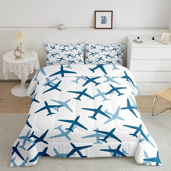 Kids Aircraft Bed Comforters Set Queen Size Cartoon Transportation Vehicles Super Soft Microfiber Bedding Set for Boys Girls Boys Airplane Blue White Room Decorative Comforter Set 2 Pillowcase High-Performance