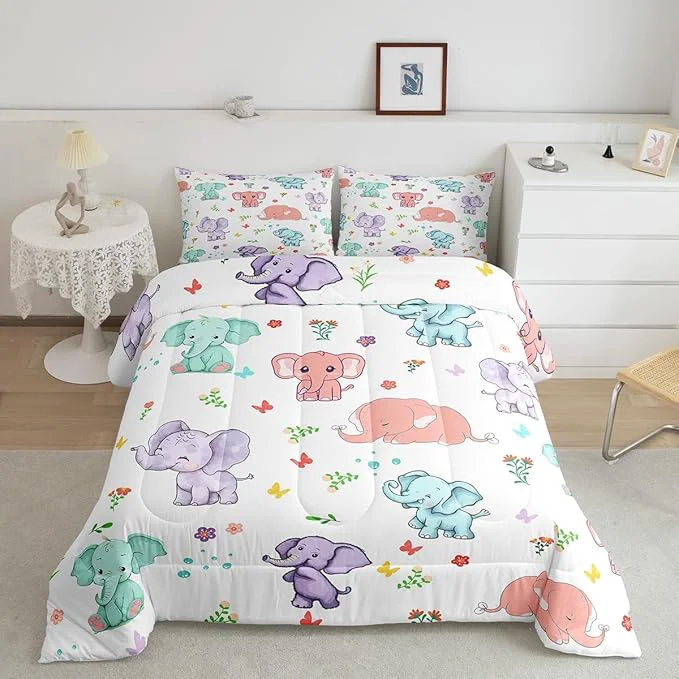 Convenient Cartoon Elephant Comforter King Size Watercolor Flowers Leaves Butterfly Comforter Set Bedding Set for Youth Adults Cute Wild Animal Elephants Duvet Set Ultra Soft Room Decor 3Pcs Quilt Set Sophisticated
