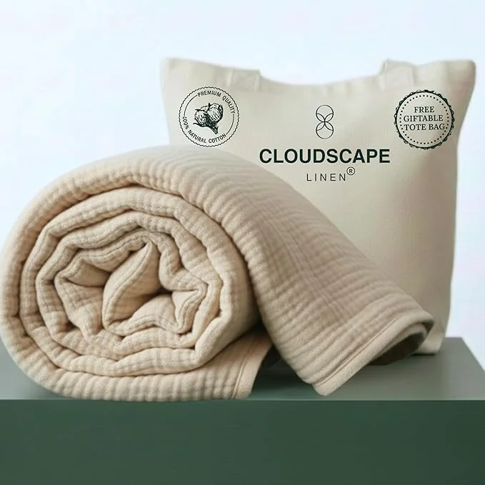 Flexible CLOUDSCAPE Cotton 4 Layer Muslin Blanket Queen Size Oversized 92x92 Fits Full Size Bed All Season Soft Breathable Lightweight Layering Summer Blanket for Adults Spring Gift Idea- Fog Advanced