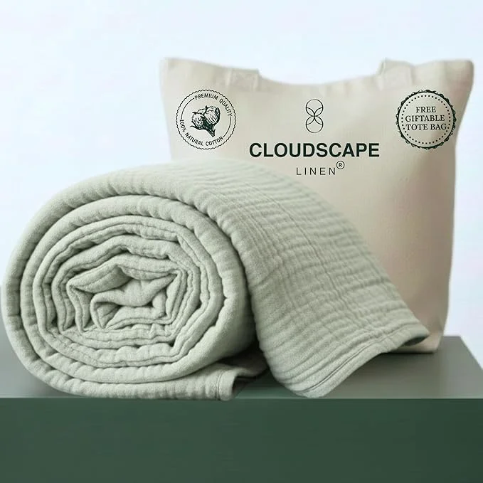 Fine Crafted CLOUDSCAPE Cotton 4 Layer Muslin Blanket Queen Size Oversized 92x92 Fits Upto Full Size Bed Soft Breathable Lightweight Layering Summer Blanket for Adults Spring Gift Idea- Seafoam Healthy