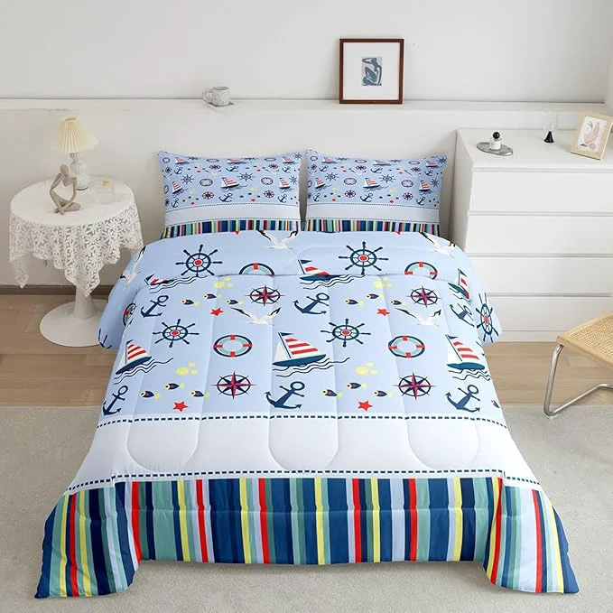 High-End Nautical Anchor Queen Size Comforter Set Ocean Fish Seagull Blue Down Comforter Adults Bedroom Decor Outdoor Adventure Red Blue Stripes Ultra Soft Microfiber Inner Fill 3Pcs Bedding Durable