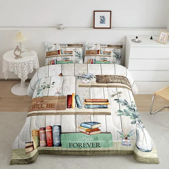 Healthy Castle Fairy Watercolor Books Bedding Set for Boys Girls Reading Time Girls Women All Season Cozy Comforter Set Full Size Rustic Farmhouse Style Floral Leaves Duvet Set Bedroom Décor Gift for Kids Casual
