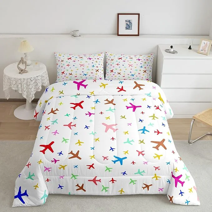 Trendy Castle Fairy Kids Aircraft Comforter Set King Watercolor Transportation Vehicles Bedding Set for Boys Girls Teens Bedroom Decor Boys Airplanes Colorful Quilt Set Super Soft Duvet Set Gift for Her Him Crafted