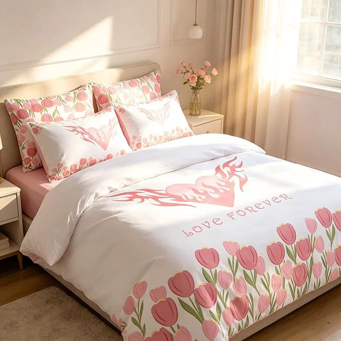 Eco-Friendly Girls Pink Floral Comforter Set King Size Pink Tulip Soft Microfiber Bedding Set with Love Heart Pattern 3Pieces All Season Lightweight Summer Comforter Set for Girls High-Performance