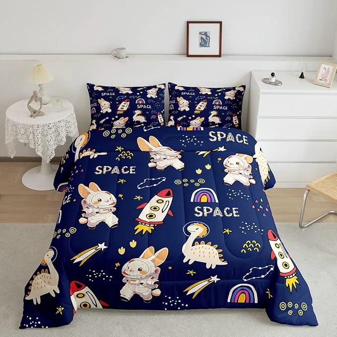 Certified Cute Rabbits Comforter Set for Kids Kids Boys Dinosaurs Bedding Sets Teens Cute Room Decor Cartoon Rocket Starry Galaxy Navy Duvet Set Quilt Set Twin 1 Comforter with 1 Pillow Case Soft