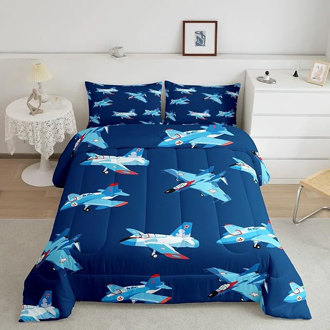 Sophisticated Kids Aircraft Bed Comforters Set Queen Size Cartoon Transportation Vehicles Super Soft Microfiber Bedding Set for Boys Girls Boys Airplane Navy Blue Room Decorative Comforter Set 2 Pillowcase Outstanding