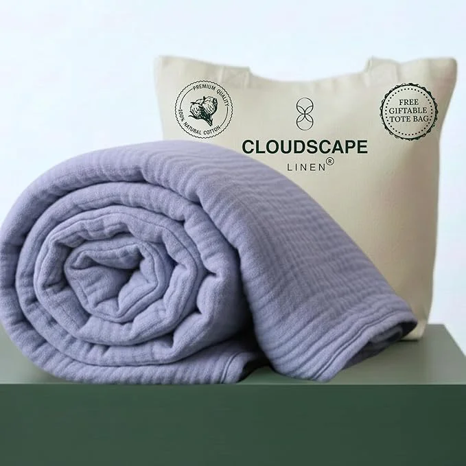 High-End CLOUDSCAPE Cotton Muslin Blanket King Size for Bed - Oversized 4 Layer 108x92 Fits Cal King - Soft Breathable Gauze Lightweight All Season Layering Summer Blankets for Adults- Lavender Blue