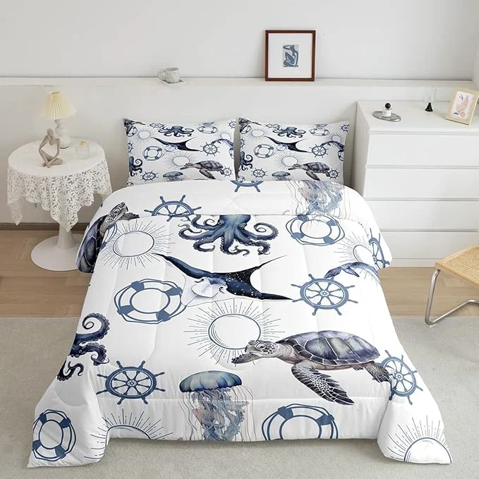 Natural Castle Fairy Sea Turtle Queen Size Comforter Set Octopus Jellyfish Ocean Life Down Comforter Adults Bedroom Decor Nautical Style Sea Animals Ultra Soft Inner Fill 3Pcs Bedding Breathable