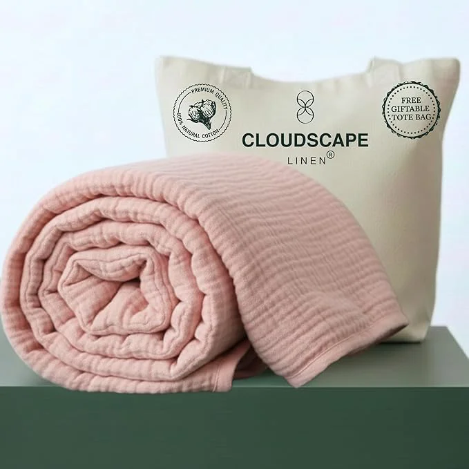 Functional CLOUDSCAPE Cotton Muslin Throw Blanket for Adults - 4 Layer 50x70 Oversized Breathable Gauze Bedding All Season Spring Gift Cozy Lightweight Throw for Sofa Couch Home Decor - Seashell Pink Official