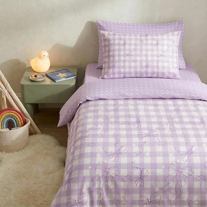 Casual Light Purple Bowknot Comforter Set Twin Size for Girls Gingham Bedding with Heart Pattern 2 Pcs Checkered Plaid Quilted Comforter Set with 1 Pillowcase 68 quot x86 quot Elite