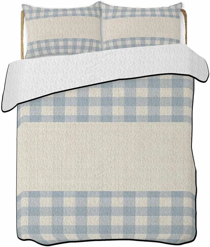 Optimized Quilts Full Size Retro Blue Soft Comforter Bedding Set for Bed Farmhouse Buffalo Plaid Vintage Beige Lightweight Quilted Bedspread with Pillow Cover 2 Pieces for All Season 78x90 Inch Premium
