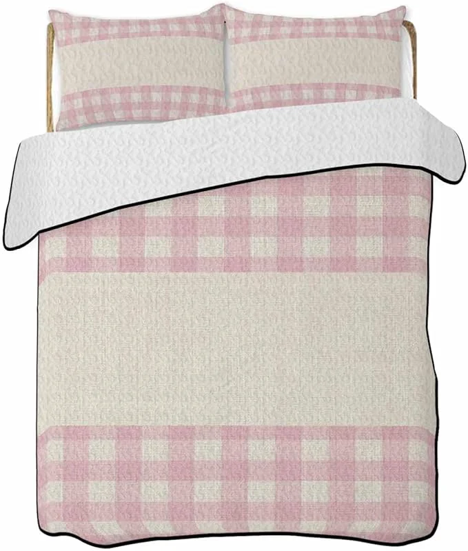 Selected Quilts King Size Retro Pink Soft Comforter Bedding Set for Bed Farmhouse Buffalo Plaid Vintage Beige Lightweight Quilted Bedspread with Pillow Cover 2 Pieces for All Season 96x106 Inch Professional