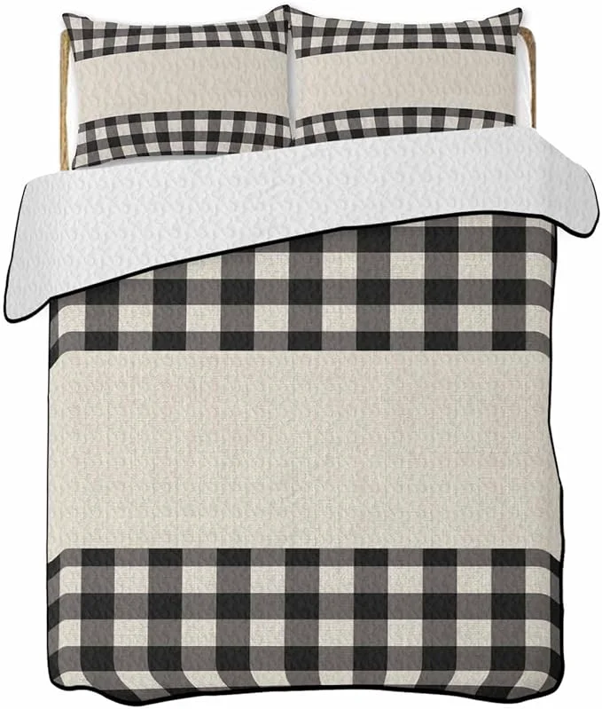 Smooth Quilts Queen Size Retro Black Soft Comforter Bedding Set for Bed Farmhouse Buffalo Plaid Vintage Beige Lightweight Quilted Bedspread with Pillow Cover 2 Pieces for All Season 90x96 Inch Official