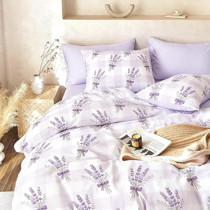 Environmentally Friendly Lavender Comforter Set Full Size Purple Gingham Bedding 3Pcs Boho Plaid Checkered Pattern Quilted Comforter with 2 Pillowcases 79 quot x90 quot Pure