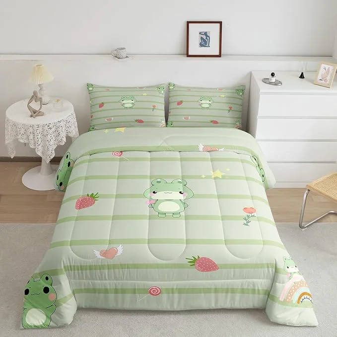 First-Class Cute Frog Comforter Set for Kids Pink Strawberry Sweet Fruits Bedding Sets Teens Cute Room Decor Light Green Frogs Stripes Duvet Set Quilt Set Twin 1 Comforter with 1 Pillow Case Luxury