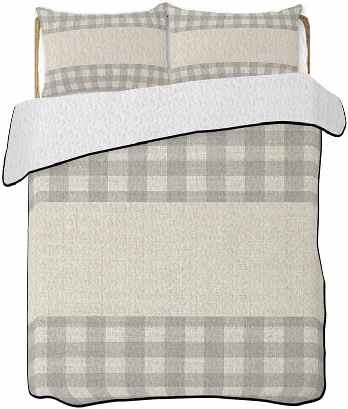 Reusable Quilts Twin XL Size Retro Grey Soft Comforter Bedding Set for Bed Farmhouse Buffalo Plaid Vintage Beige Lightweight Quilted Bedspread with Pillow Cover 2 Pieces for All Season 68x98 Inch Refined