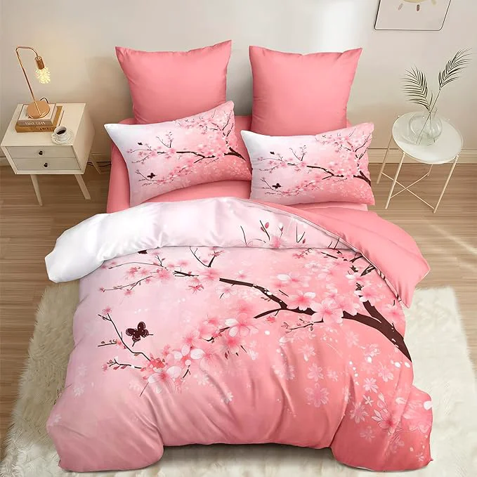 Premium Cherry Blossom King Comforter Set Pink Floral Bedding Set for Women Girls Japanese Flower Decor Quilt Set - 3Pcs Soft Fluffy Microfiber with 2 Pillowcases 104 90 Traditional