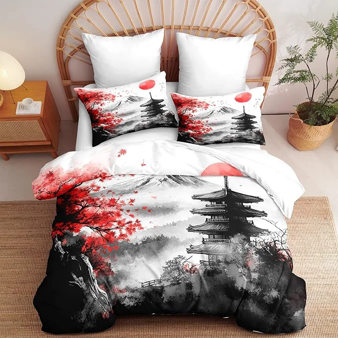 Exclusive Japanese Style Botanical Comforter Set Twin Size 2 Pieces Classical Architecture Art Painting Lightweight Summer Comforter with 1 Pillow Case Ultra Soft Microfiber Bedding Set 68 quot X 86 quot Sophisticated