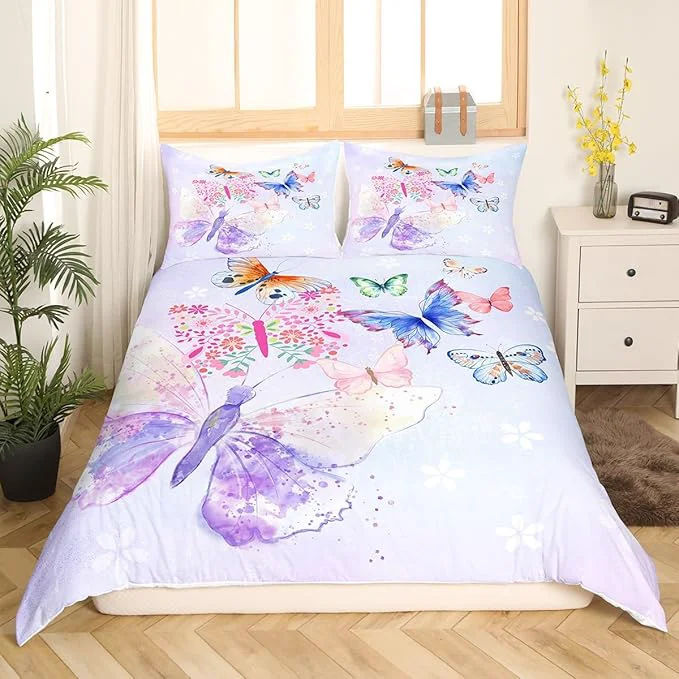 Solid Purple Butterfly Bedding Set Kids Girls Butterflies Duvet Cover Set Daisy Flowers Comforter Cover Set Rustic Flying Animal Bedspread Cover Bedroom Quilt Cover Queen with 2 Pillowcase No Comforter Smart