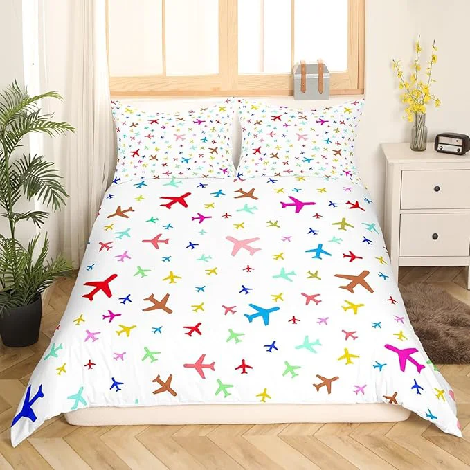 Excellent Castle Fairy Kids Aircraft Bedding Set Watercolor Transportation Vehicles Duvet Cover Set Boys Airplanes Comforter Cover Colorful Bedspread Cover Bedroom Quilt Cover Twin No Comforter Classic