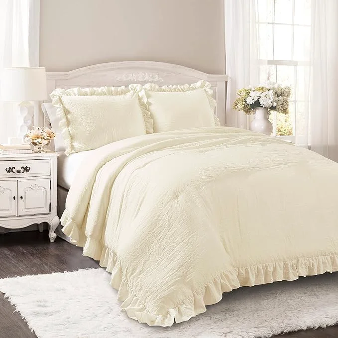 High-End Lush Decor Reyna Ruffle Comforter Set - 3 Piece Cozy Ruffled Bedding Set - Timeless Elegance and Comfort for Bedroom - King Ivory Effective