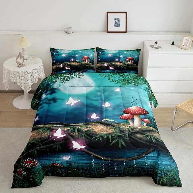 Trusted Red Mushroom Boys Girls Comforter Set Full Size Moon Night Sky Jungle Duvet Sets Teens Bedroom Decor al Butterfly Cartoon Plant Brushed Soft Bedding Comforter Certified