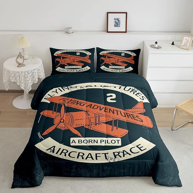 Reliable Castle Fairy Retro Aircraft Bedding Set for Boys Girls Vintage Airplane Orange Painting All Season Cozy Comforter Set Full Size Flying Adventure Helicopter Duvet Set Bedroom Décor Gift for Kids Green