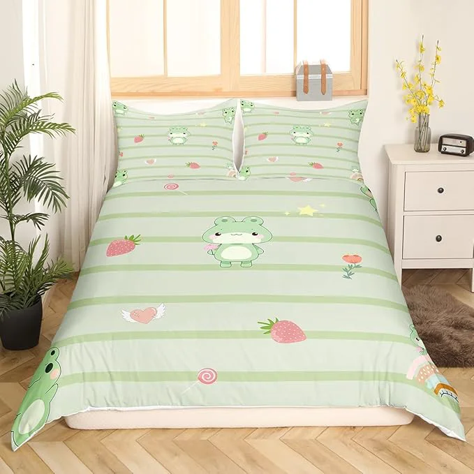 User-Friendly Castle Fairy Cute Frog Bed Set for Boys Girls Pink Strawberry Sweet Fruits Comforter Cover for All Season Light Green Frogs Stripes Ultra Soft Bedding Set Quilt Cover Queen Size 3 Pieces No Comforter Trendy