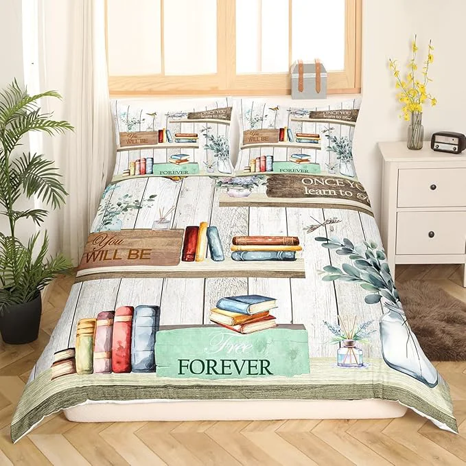 Flexible Watercolor Books Bedding Set Reading Time Girls Women Duvet Cover Set Rustic Farmhouse Style Comforter Cover Floral Leaves Bedspread Cover Bedroom Quilt Cover Queen with 2 Pillowcase No Comforter Stylish