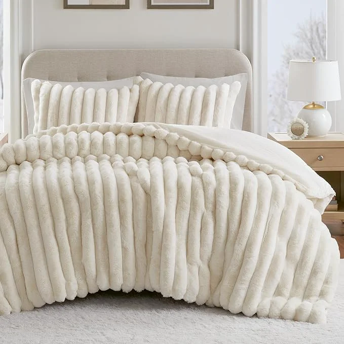Relaxed Madison Park Jasmine Queen Comforter Set Luxurious Reversible Faux Fur Plush Ribbed Velvet Bedding Fuzzy Thick Warm Winter Comforter Super Soft Fluffy 3-Piece Set Ivory Expertly Made