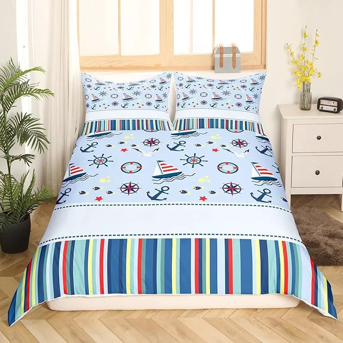 Top-Quality Castle Fairy Nautical Anchor Bedding Set Ocean Fish Seagull Blue Duvet Cover Set Outdoor Adventure Comforter Cover Red Blue Stripes Bedroom Quilt Cover Twin with 1 Pillowcase No Comforter Genuine