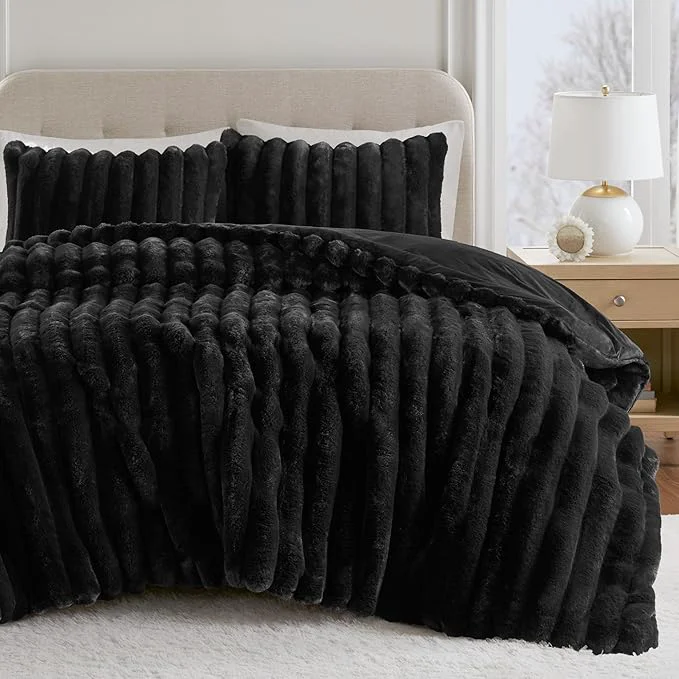 Luxury Madison Park Jasmine Queen Comforter Set Luxurious Reversible Faux Fur Plush Ribbed Velvet Bedding Fuzzy Thick Warm Winter Comforter Super Soft Fluffy 3-Piece Set Black Smooth