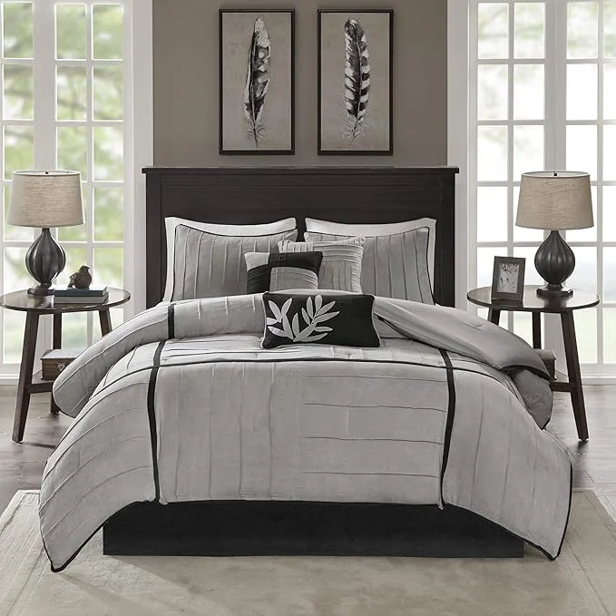 Reusable Madison Park Cozy Comforter Set Casual Blocks Design All Season Matching Bed Skirt Decorative Pillows Queen 90 quot x90 quot Dune Suede Black Grey 7 Piece Exceptional