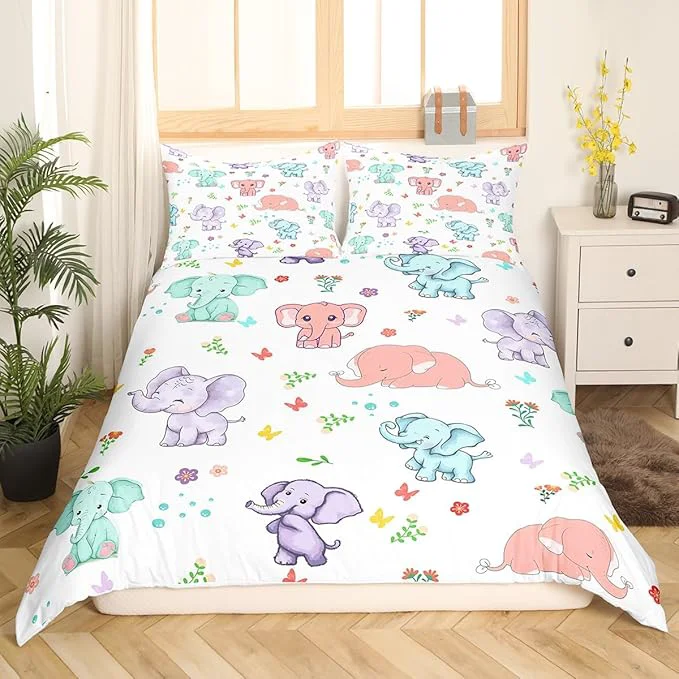 Casual Cartoon Elephant Queen Size Duvet Cover for Teens Youth Watercolor Flowers Leaves Butterfly Comforter Cover with 2 Pillow Shams Cute Wild Animal Elephants Bedding Set Breathable No Comforter Smart