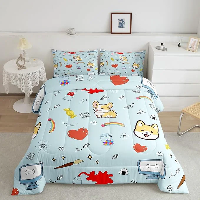 Smooth Cartoon Dog Boys Girls Comforter Set Full Size Hippie Graffiti Painting Duvet Sets Teens Bedroom Decor Kawaii Puppy Pet Theme Brushed Soft Bedding Comforter Contemporary