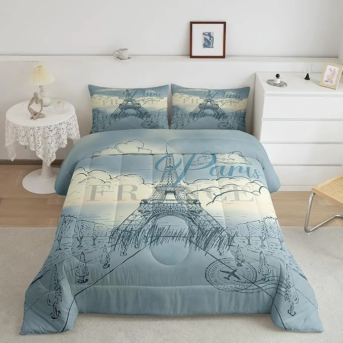 Carefully Designed Eiffel Tower Comforter Set for Kids Retro Paris Style Bedding Sets Teens Cute Room Decor Vintage Cityscape Boys Girls Landmark Duvet Set Quilt Set Twin 1 Comforter with 1 Pillow Case Artisan