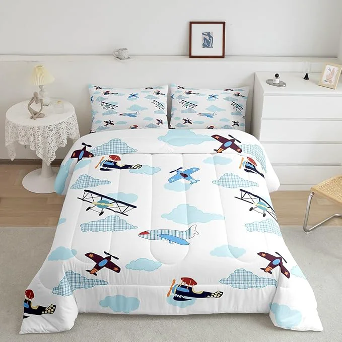 High-Quality Kids Aircraft Bed Comforters Set Queen Size Boys Teens Airplanes Super Soft Microfiber Bedding Set for Boys Girls Blue White Clouds Chic Gingham Room Decorative Comforter Set 2 Pillowcase Elegant