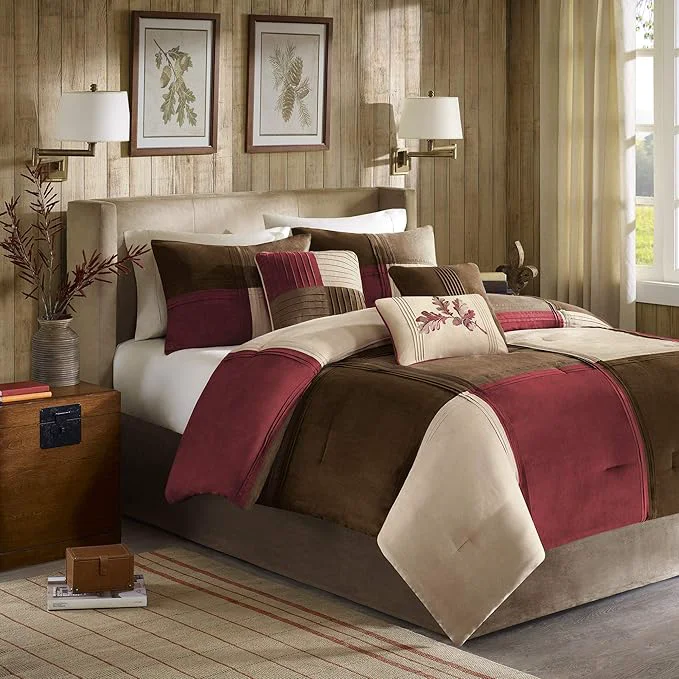 Exclusive Madison Park Cozy Comforter Set Casual Blocks Design All Season Matching Bed Skirt Decorative Pillows Cal King 104 quot x92 quot Red Brown 7 Piece Top-Quality