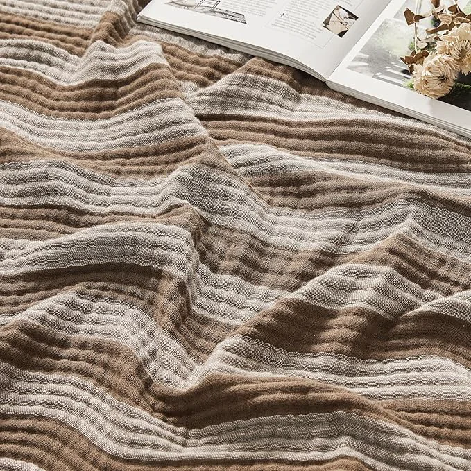 Sophisticated EMME Cotton Muslin Large Throw Blanket Couch Breathable Gauze Soft Lightweight Bed Blankets Adults Striped Brown 50 quot x70 quot Optimized