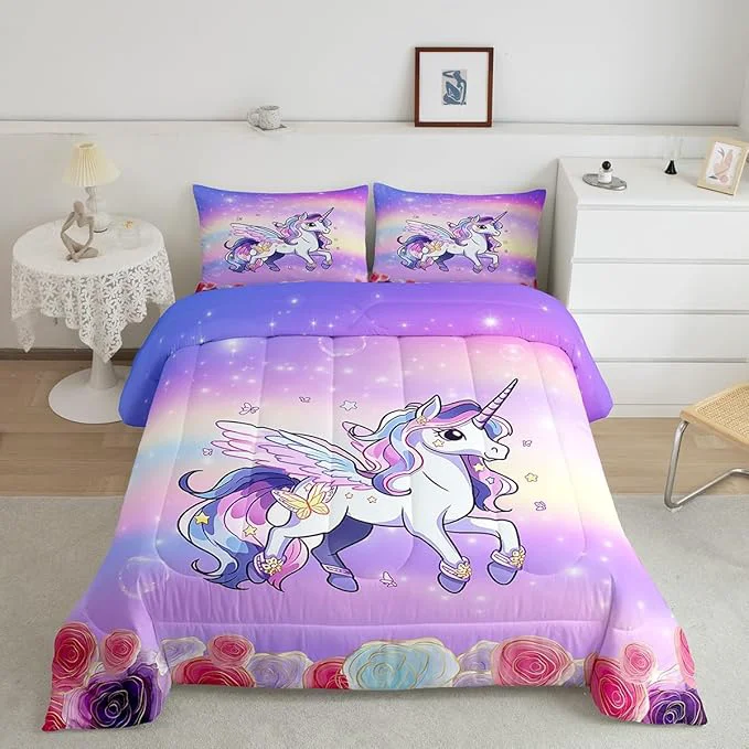 Fashionable Kids Girls Unicorn Boys Girls Comforter Set Full Size Pink Purple Rainbow Duvet Sets Teens Bedroom Decor Cartoon Unicorn Rose Flowers Brushed Microfiber Soft Bedding Comforter Minimalist